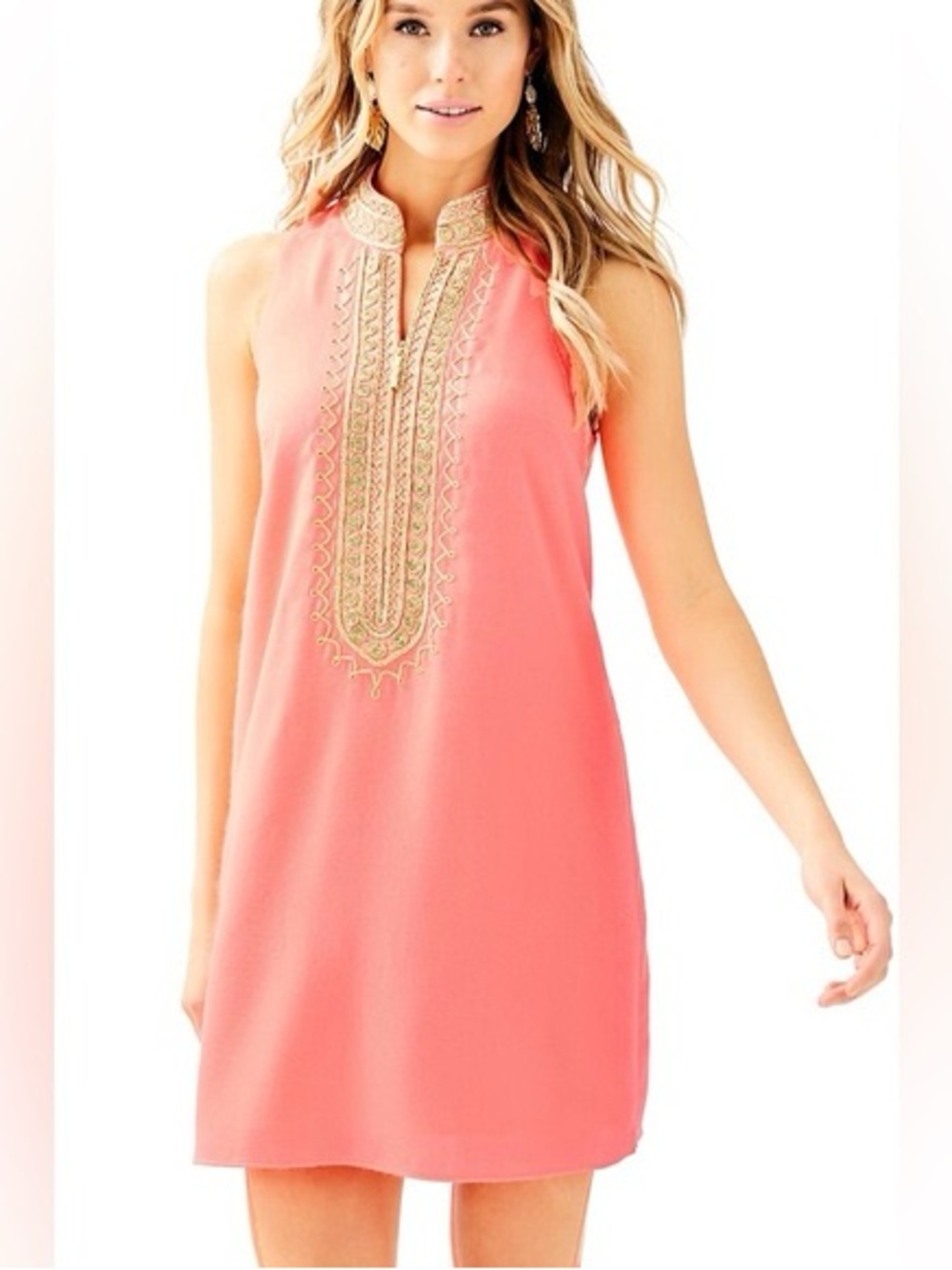 Lilly Pulitzer Coral Shift Dress with Gold Embroidered Trim NWOT